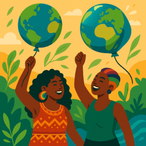 Vibrant illustration of LBQ womxn holding Earth‑shaped balloons—overinflate & burst? Discover our ecosystem balance analogy for climate justice!